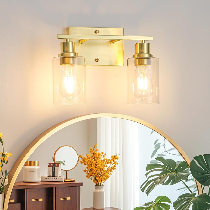 EMONG Gold Bathroom Light Fixtures, 2-Lights Brushed Brass Vanity Light with Clear Glass Shade, Modern Wall Sconces for Hallway, Farmhouse, Living Room - Image 1